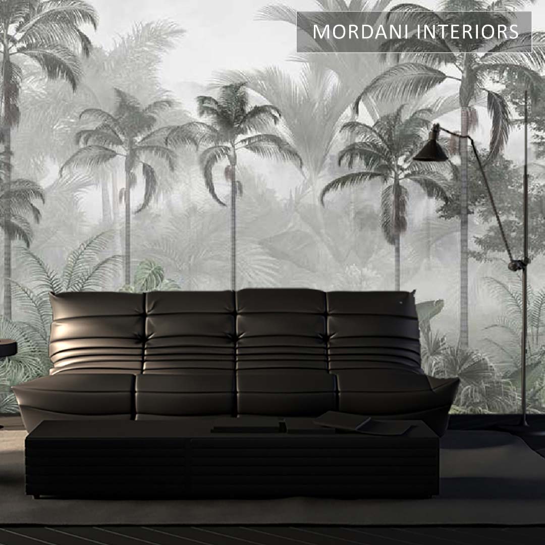 Vintage Grey Scale Coconut Tree Leaves Wall Mural